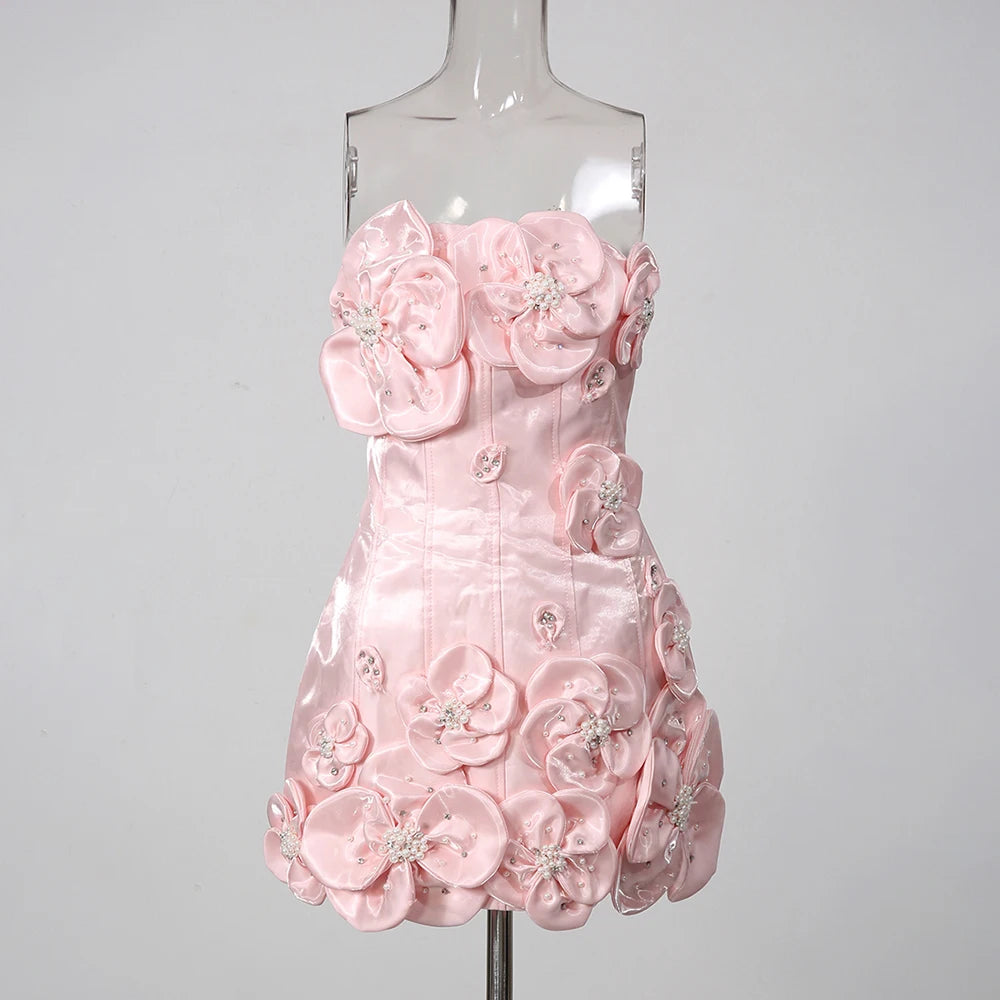 The Maren Strapless 3D Floral Mini Dress | Lavishly Me