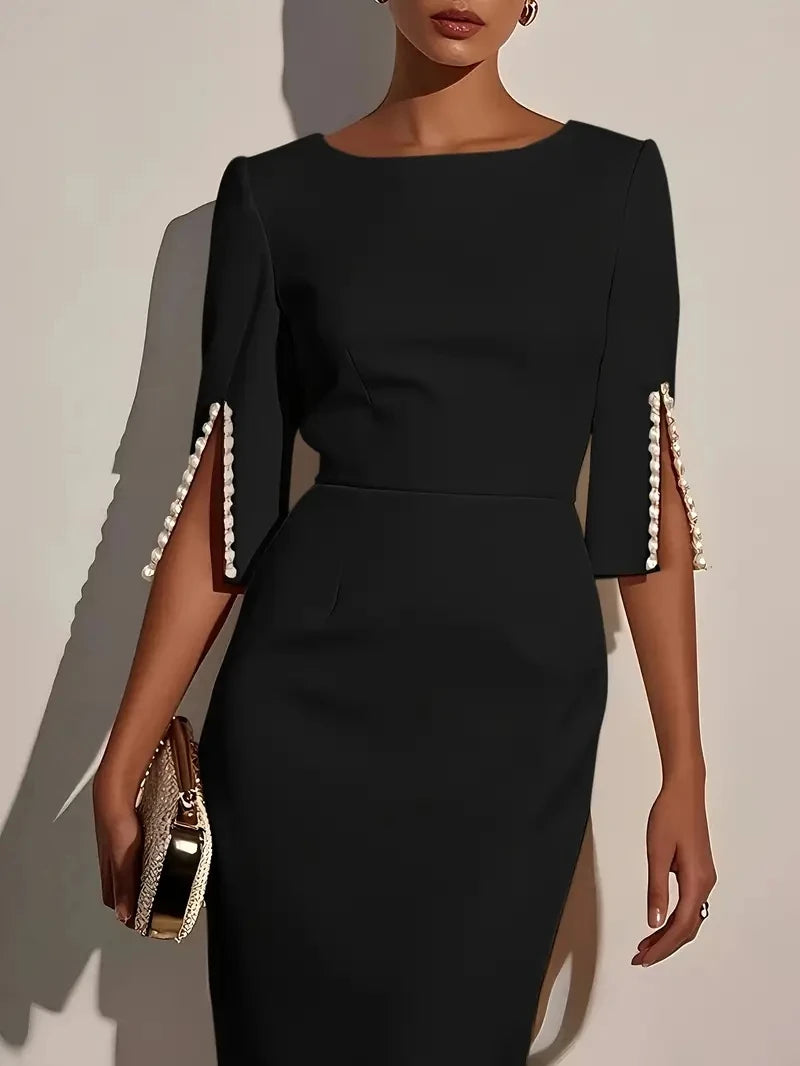 The Lucienne Pearl-Embellished Midi Dress in WHITE | Lavishly Me