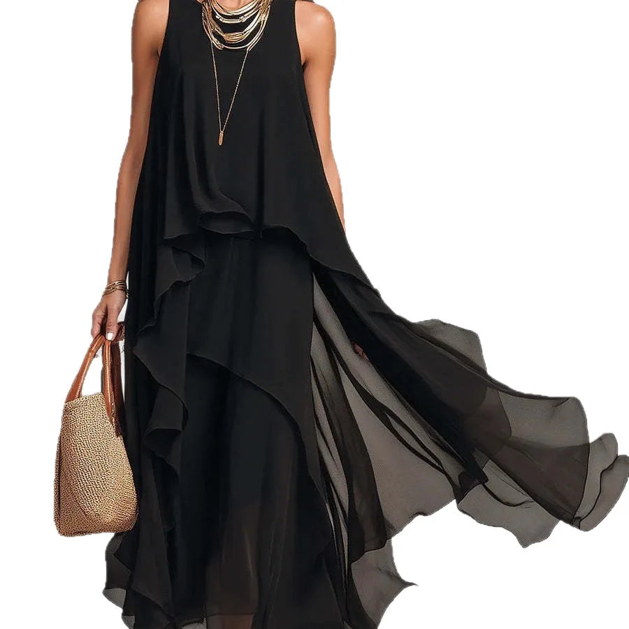 The Uma Asymmetric Chiffon Maxi Dress in black | Lavishly Me