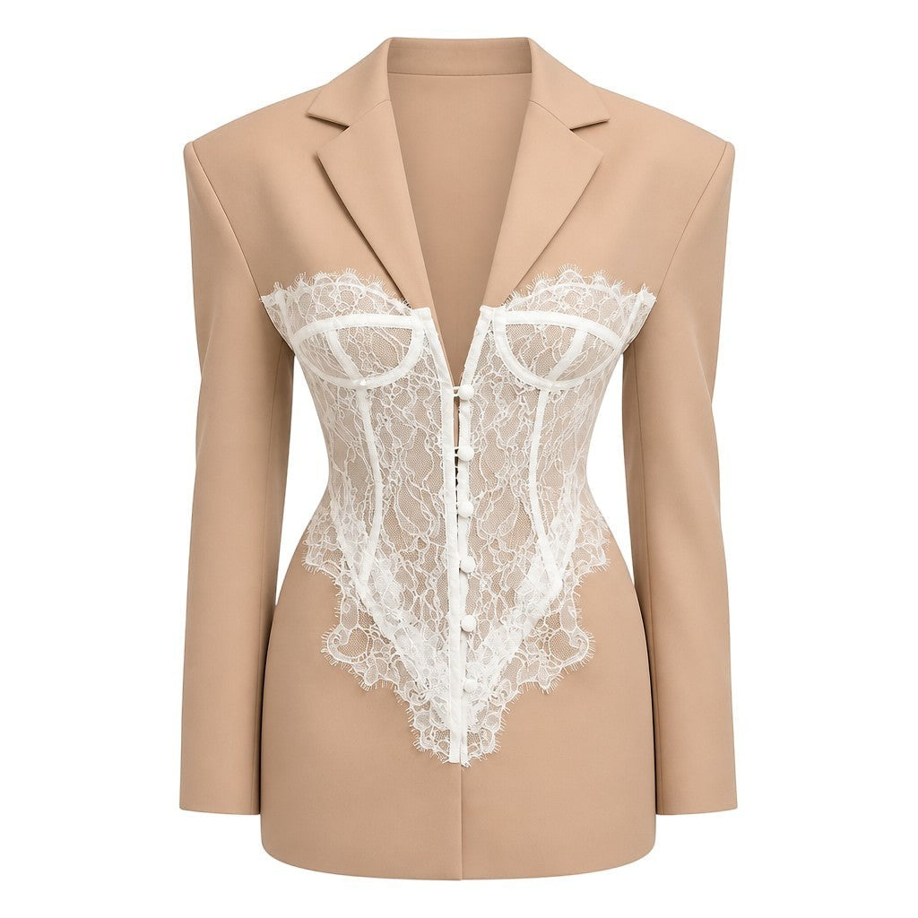 Lavishly Me Marlowe blazer in beige with white lace corset-style front panel and button-down detail.