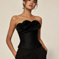 Black Satin Strapless Corset Top with 3D Petal Accent