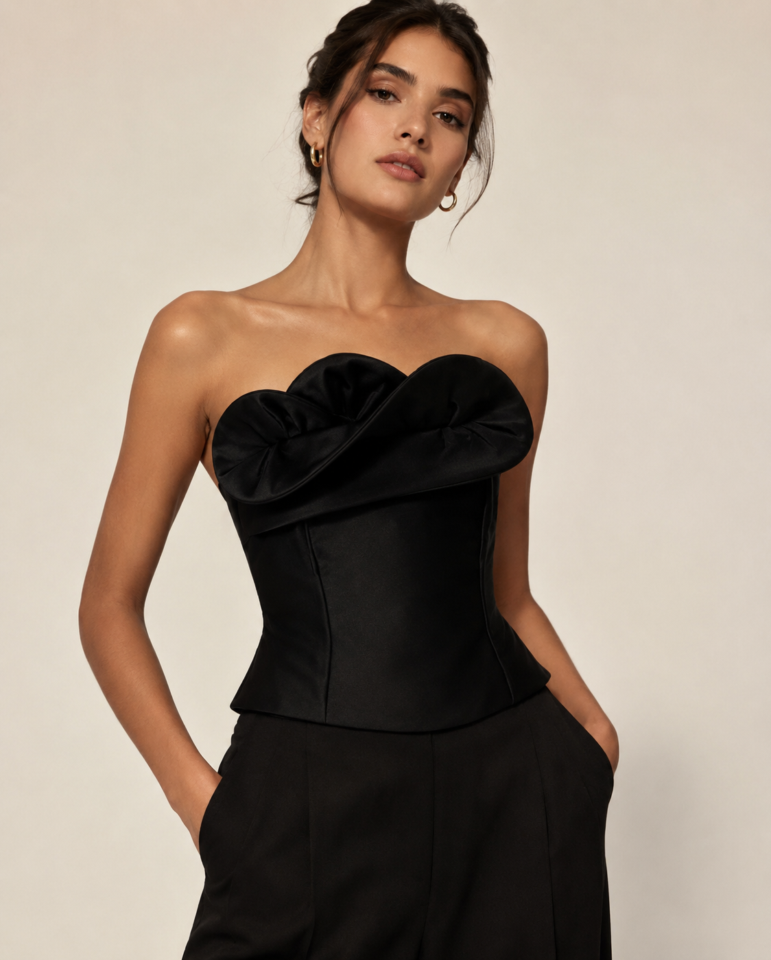 Black Satin Strapless Corset Top with 3D Petal Accent