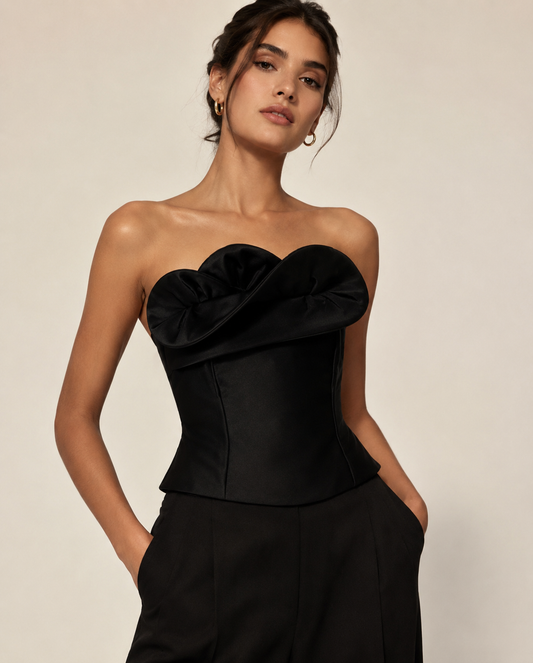 Black Satin Strapless Corset Top with 3D Petal Accent