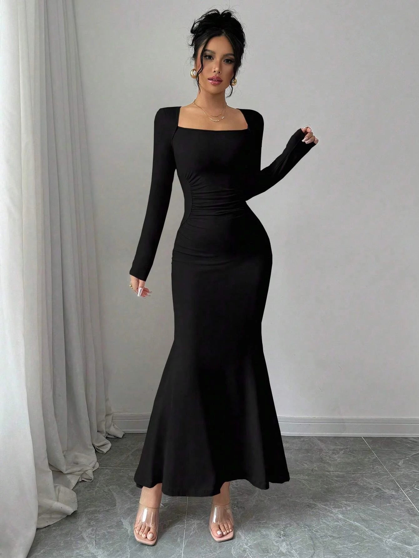 The Yvette Square-Neck Dress in black | Lavishly Me