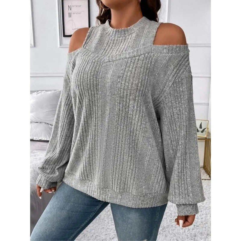 The Evania Off-Shoulder Knit Curve Sweater in GRAY | Lavishly Me