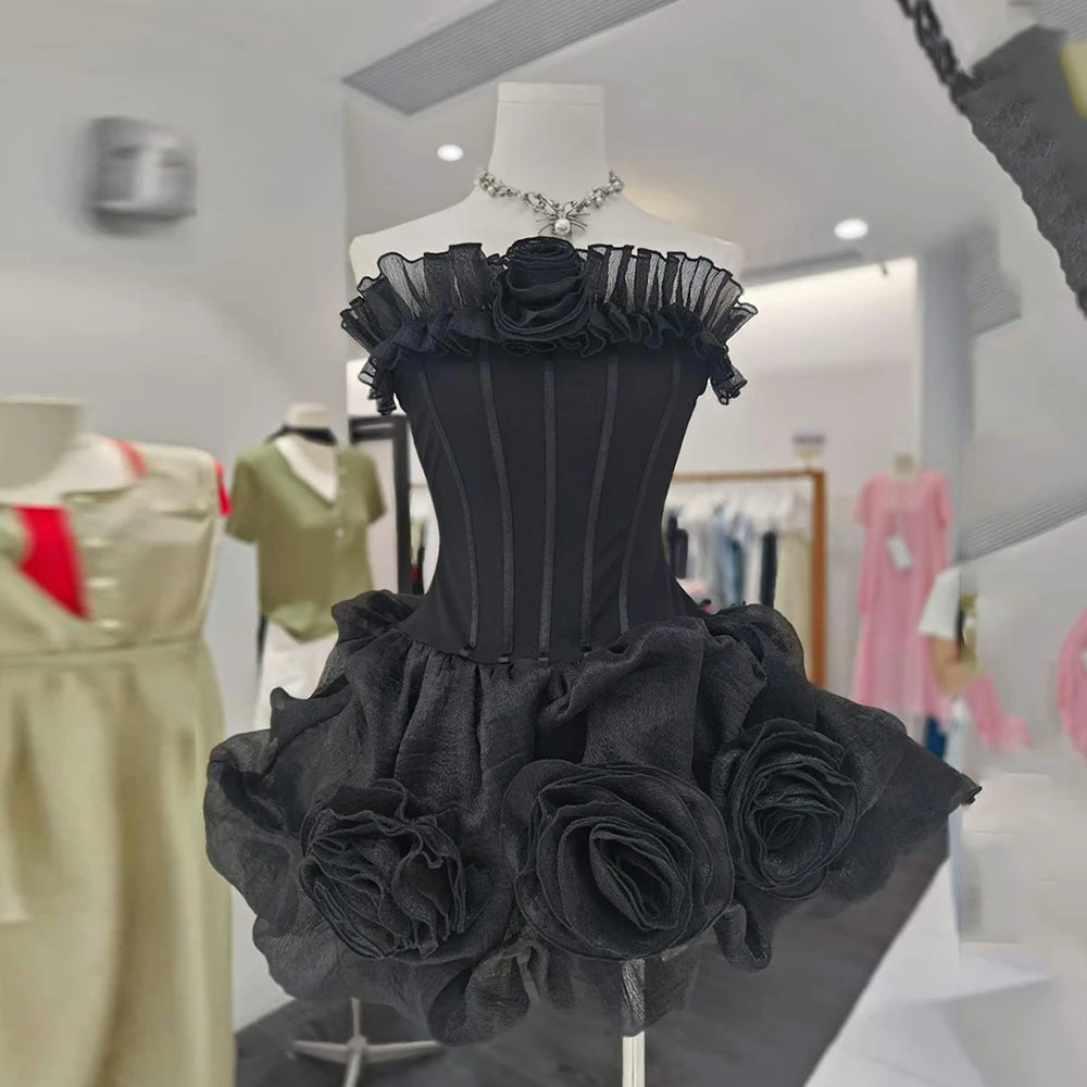 The Flora Appliqué A-Line Mini Dress in BLACK | Lavishly Me