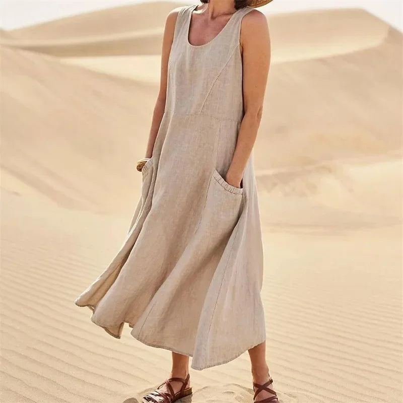 The Quinn Linen-Blend Pocket Dress in Blue | Lavishly Me