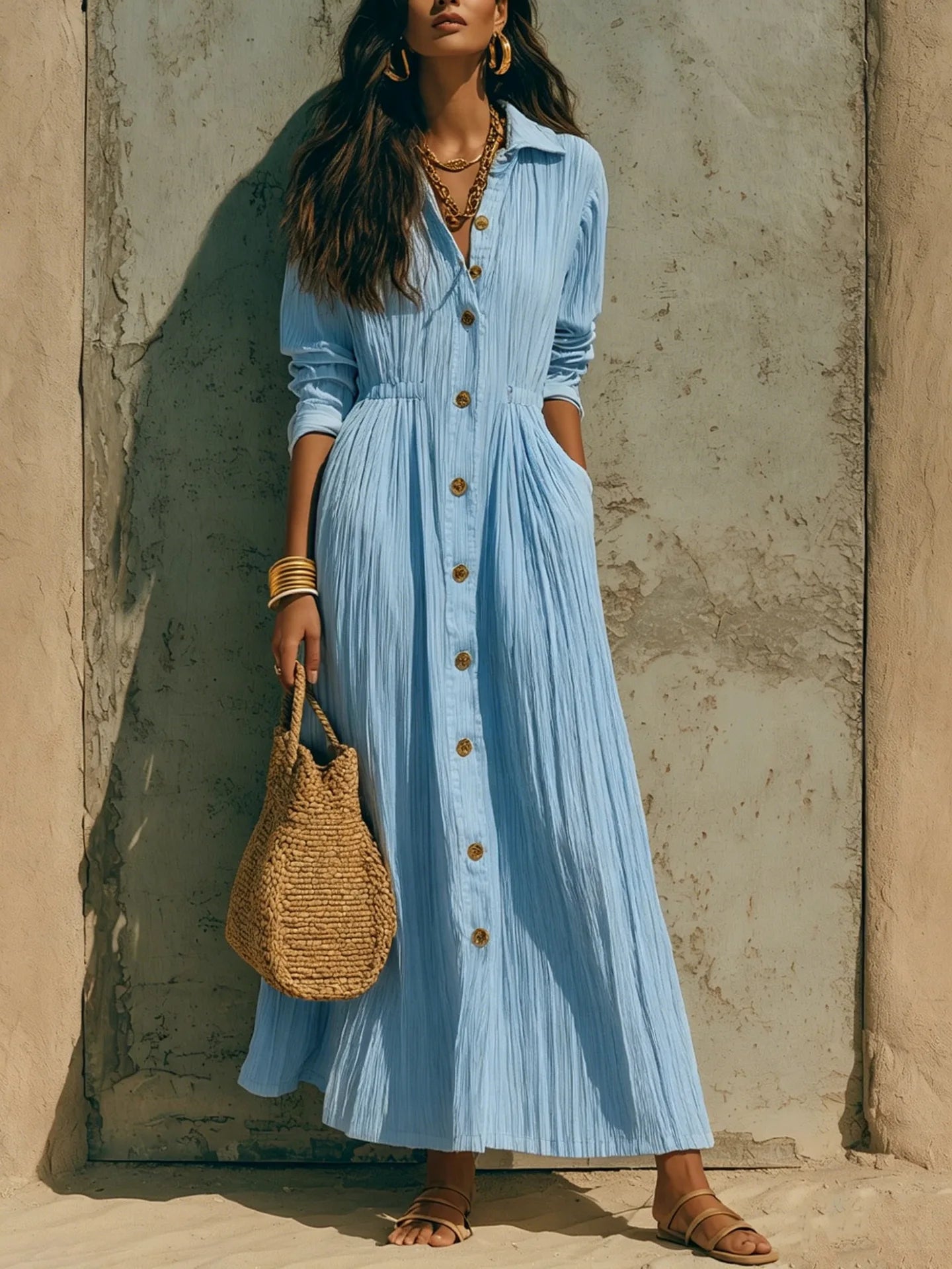 The Marais Pleated Button Maxi Dress from the Soft & Sophisticated at Lavishly Me