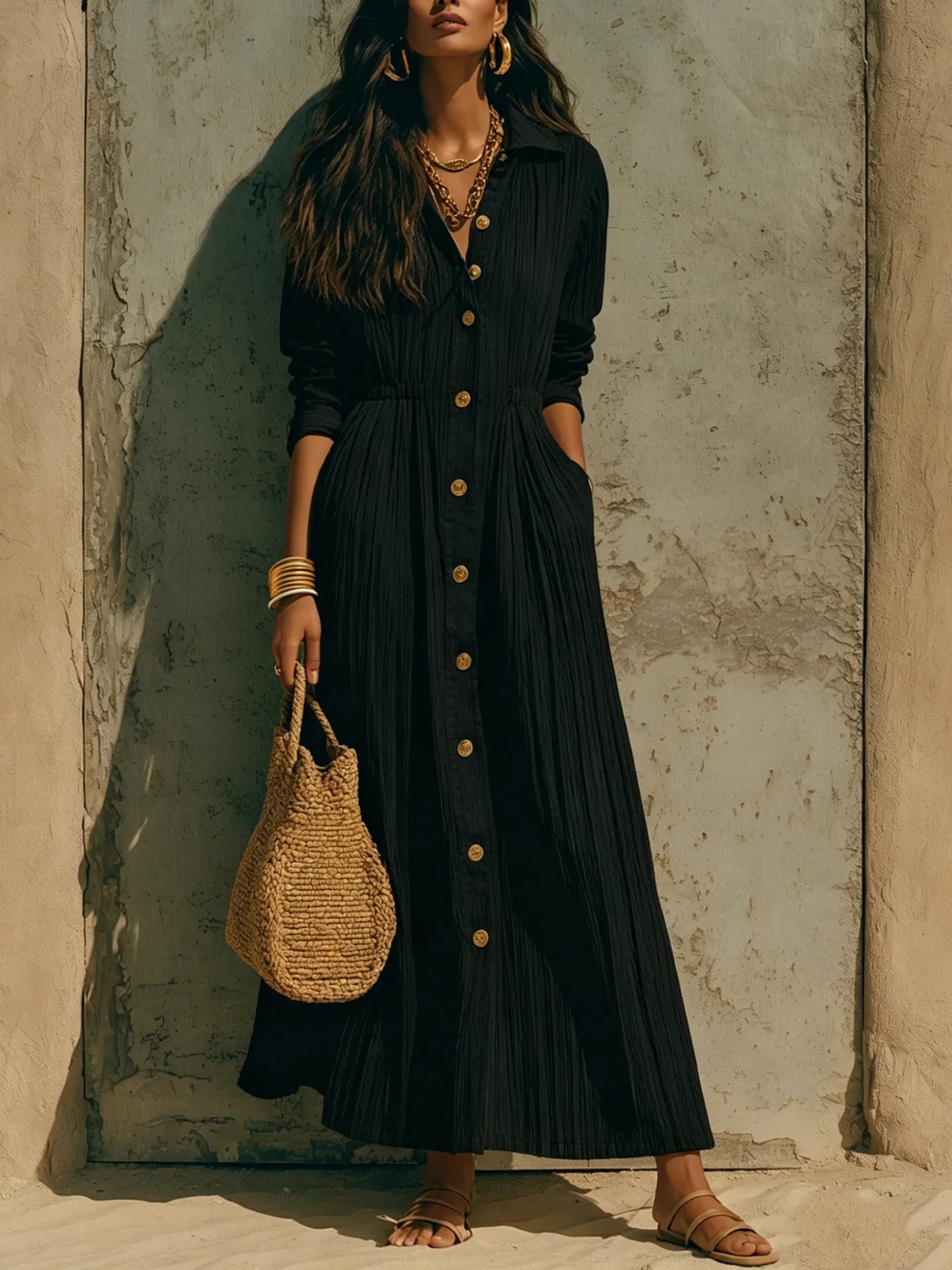 The Marais Pleated Button Maxi Dress from the Soft & Sophisticated at Lavishly Me