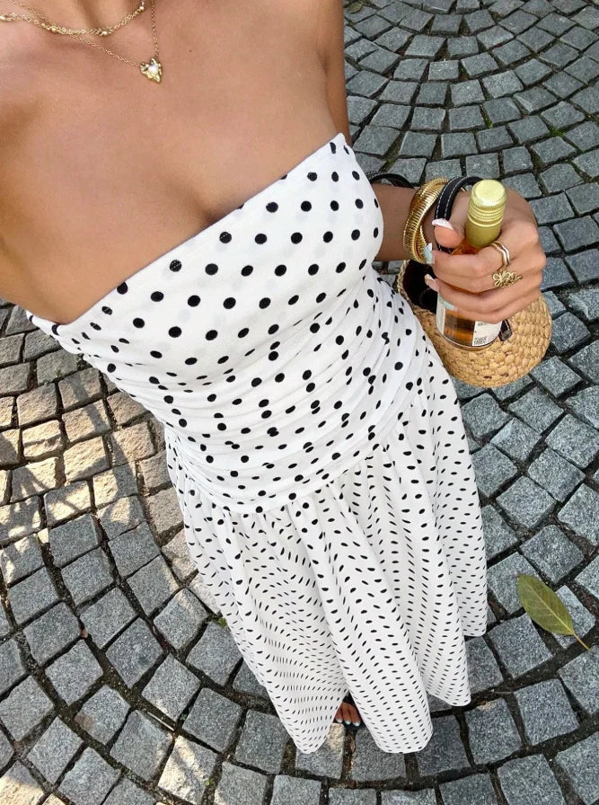 The Nadine Polka-Dot Ruffle Maxi Dress in Beige | Lavishly Me