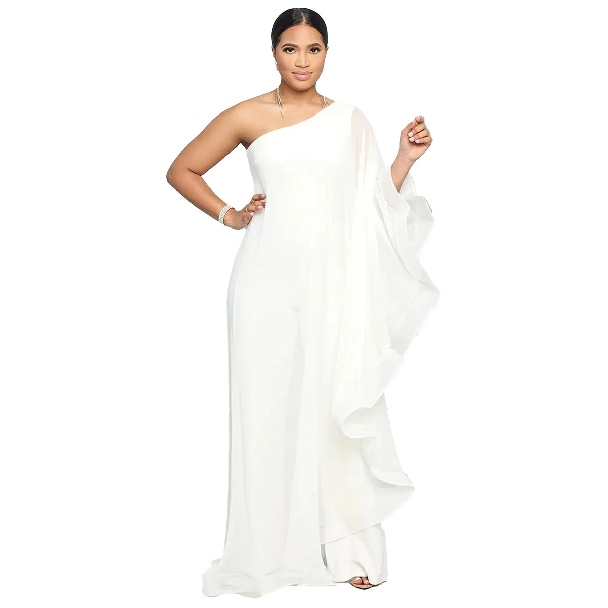 The Cassia One-Shoulder Ruffle Jumpsuit in Red | Lavishly Me