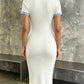 Elegant Contrast Blue Trim Knit Bodycon Midi Dress Women V Neck Metal Button Slim Short Sleeve Office Party Pencil Dress