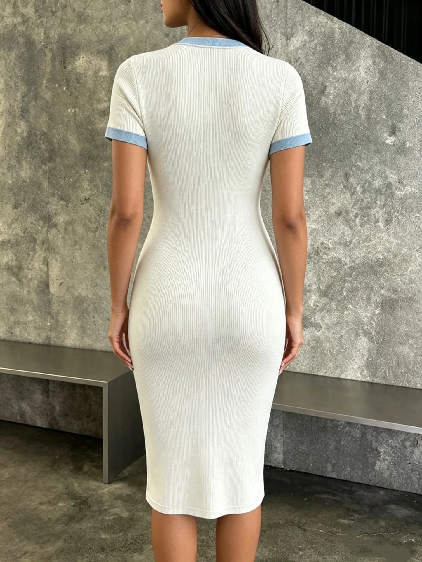 Elegant Contrast Blue Trim Knit Bodycon Midi Dress Women V Neck Metal Button Slim Short Sleeve Office Party Pencil Dress