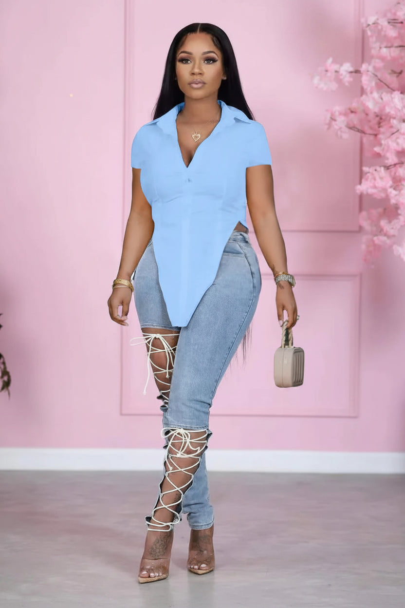 The Ellis V-Hem Button Blouse in black | Lavishly Me