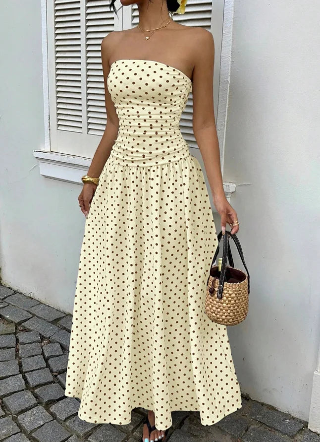 The Nadine Polka-Dot Ruffle Maxi Dress in black | Lavishly Me