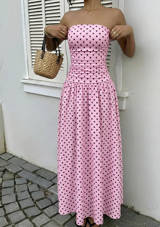 The Nadine Polka-Dot Ruffle Maxi Dress in Pink | Lavishly Me