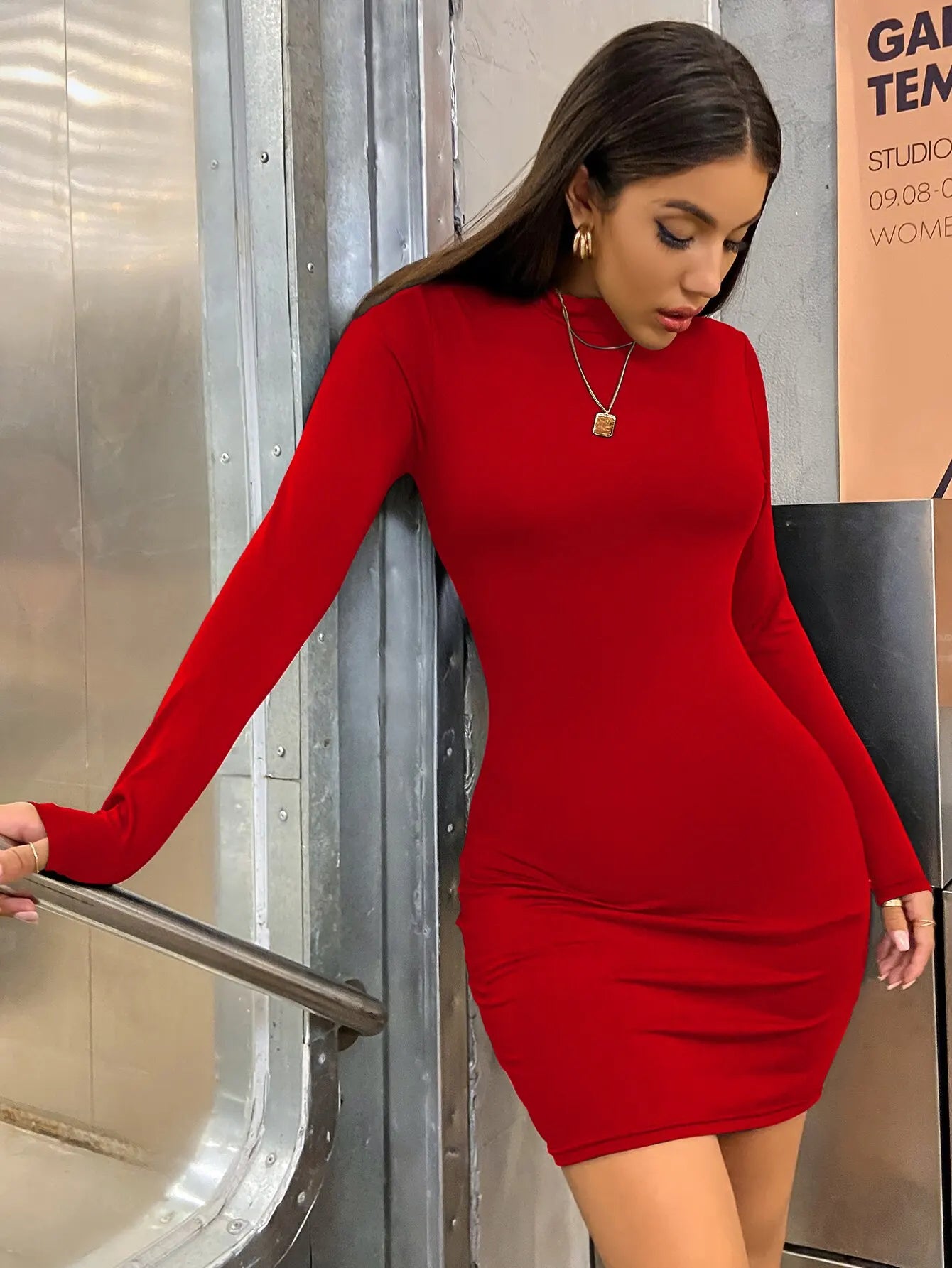 The Monroe Ruched Turtleneck Mini Dress in 1557-khaki | Lavishly Me