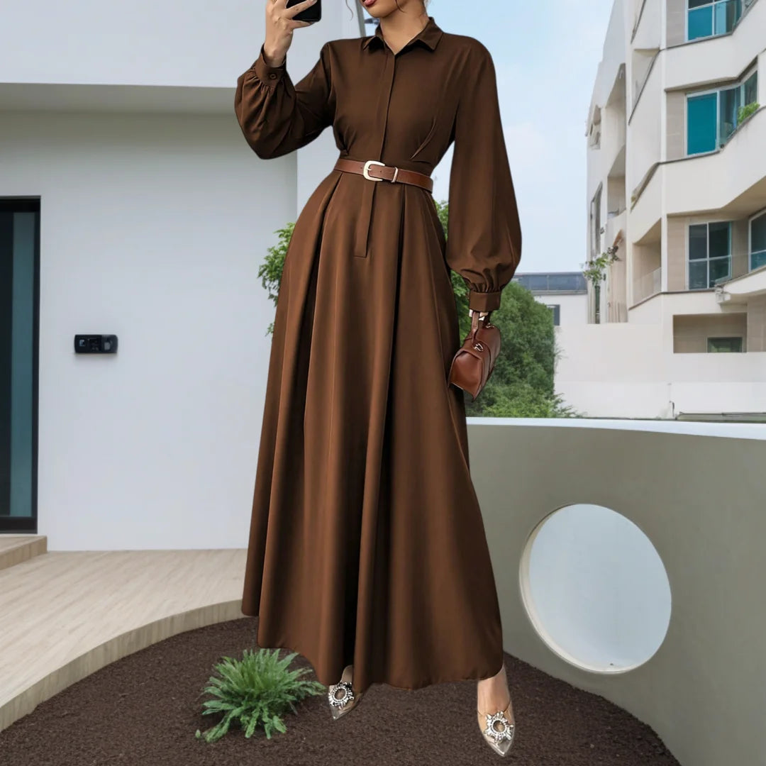 The Xena Collared Side-Slit Maxi Dress in Brown | Lavishly Me