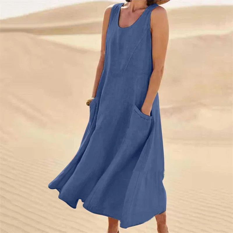 The Quinn Linen-Blend Pocket Dress in Blue | Lavishly Me