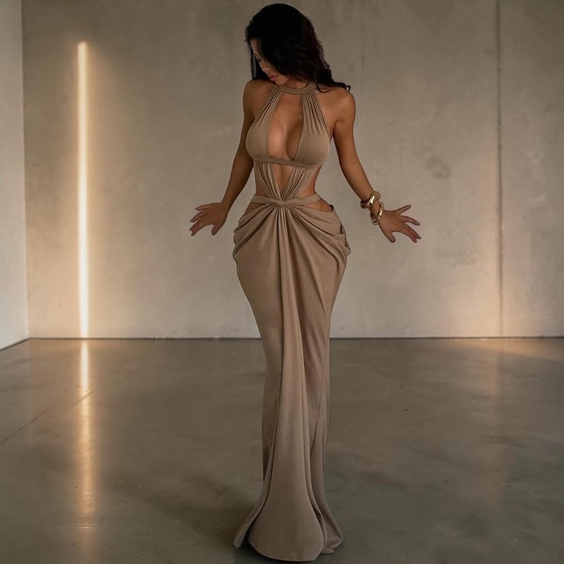 The Solana Cutout Halter Maxi Dress in Khaki | Lavishly Me
