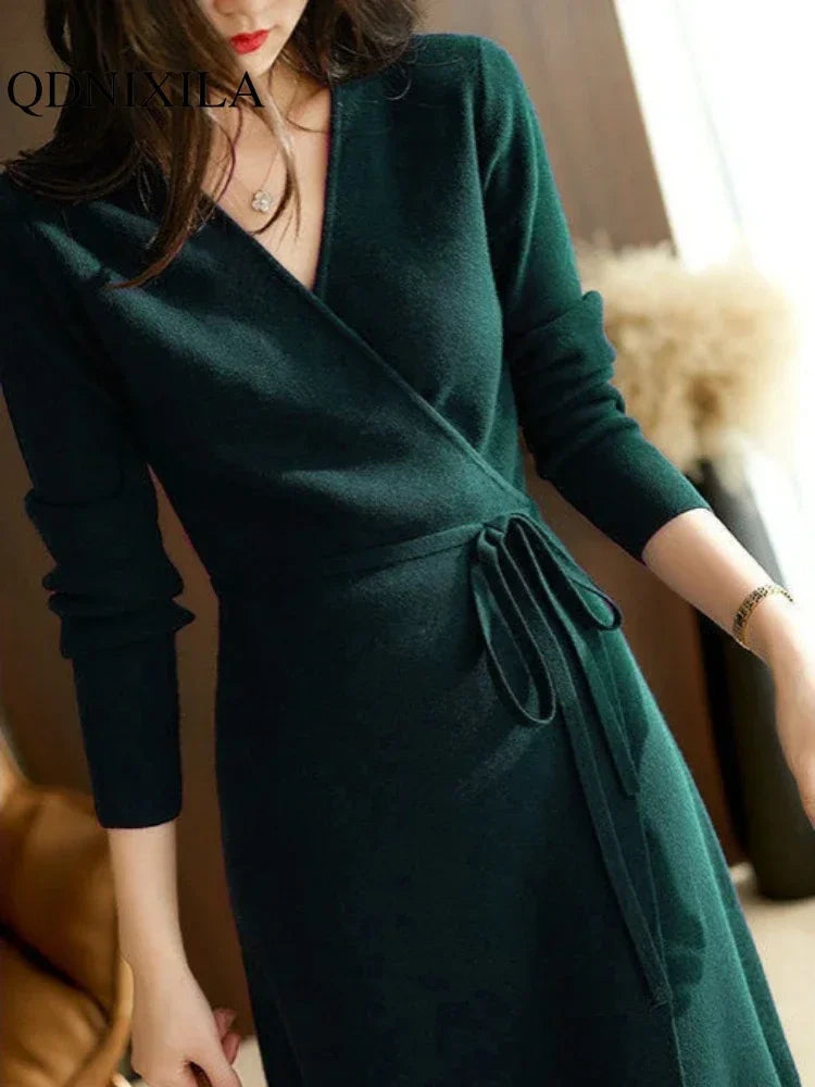 The Celine Wrap Knit Dress in Navy blue | Lavishly Me
