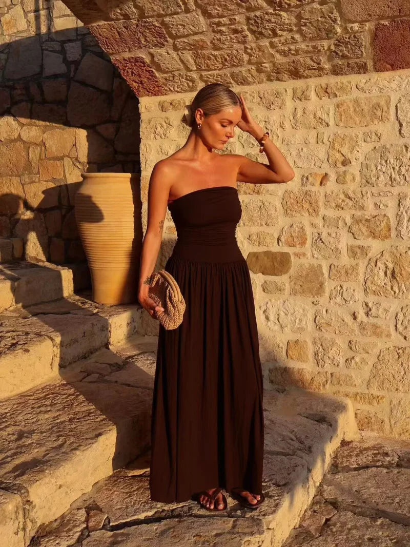 The Aurelia Pleated Off-Shoulder Maxi Dress | Lavishly Me