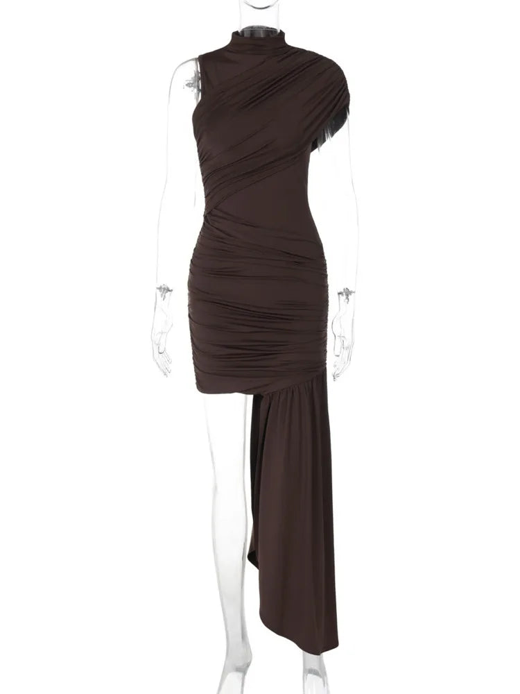 The Zaria Draped Ruched Mini Dress in Coffee | Lavishly Me