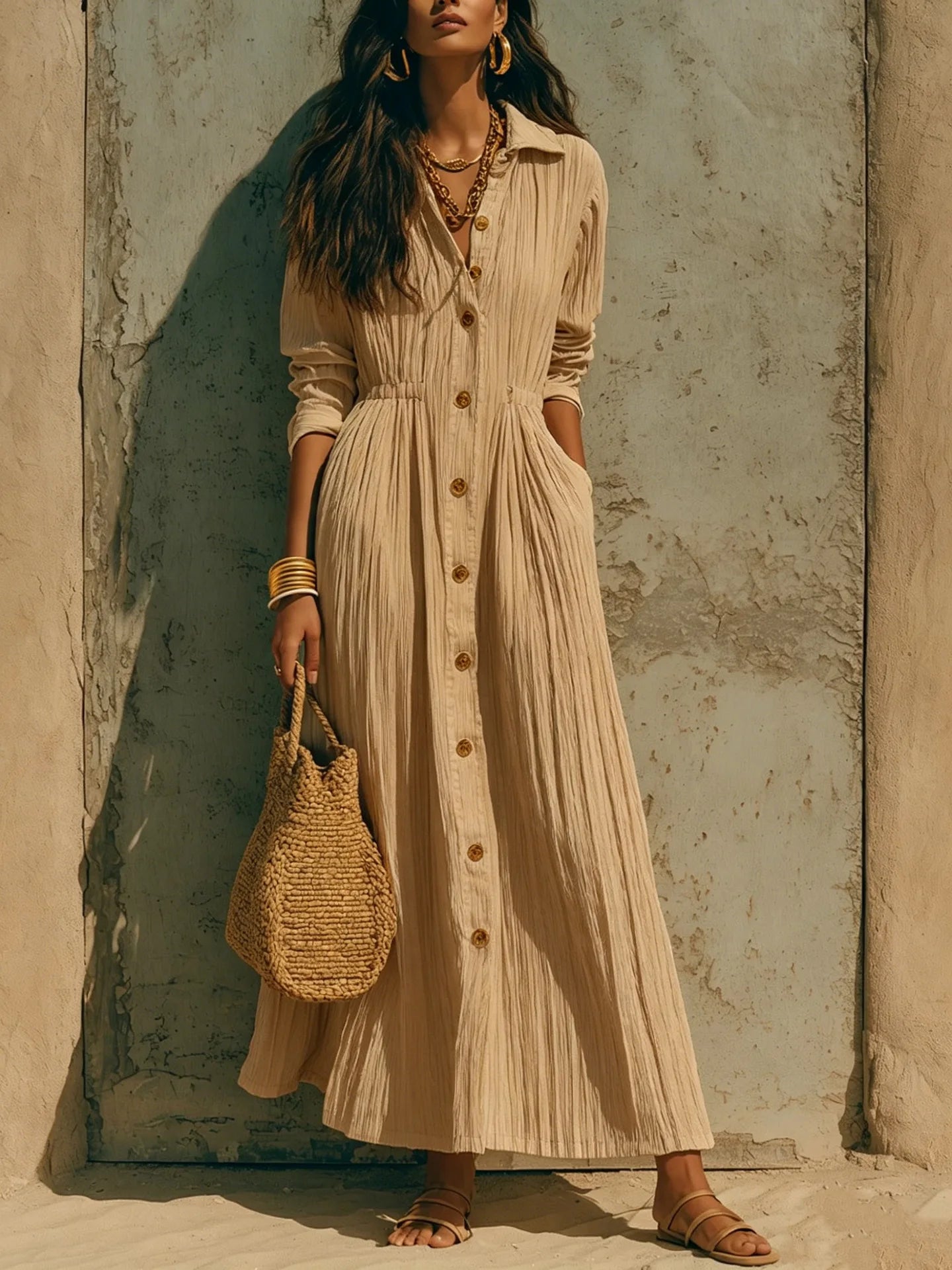 The Marais Pleated Button Maxi Dress from the Soft & Sophisticated at Lavishly Me