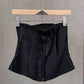 Black Satin Strapless Corset Top with 3D Petal Accent