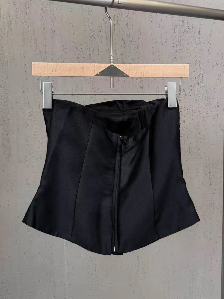 Black Satin Strapless Corset Top with 3D Petal Accent