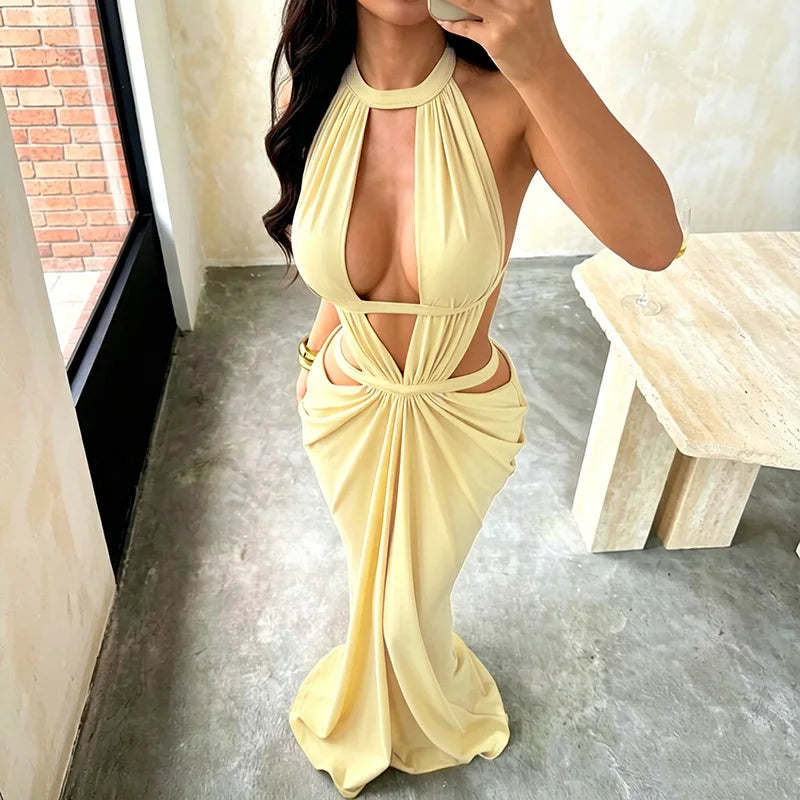 The Solana Cutout Halter Maxi Dress in Black | Lavishly Me