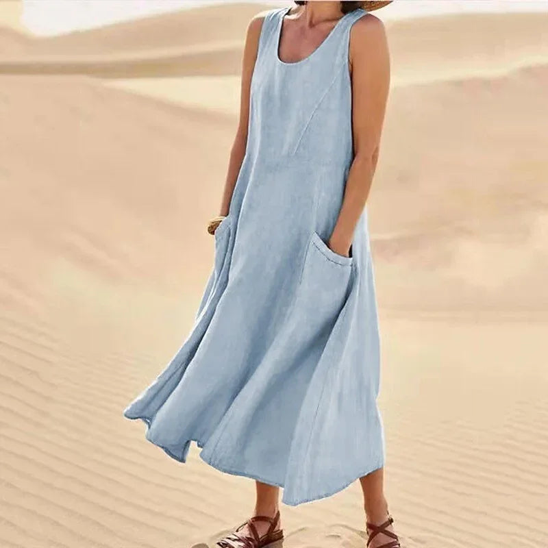 The Quinn Linen-Blend Pocket Dress in Blue | Lavishly Me