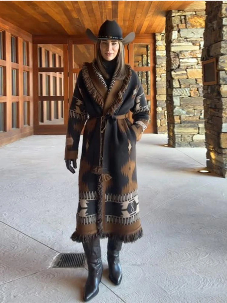 The Aspen Belted Fringe Cardigan in A brown Long | Lavishly Me
