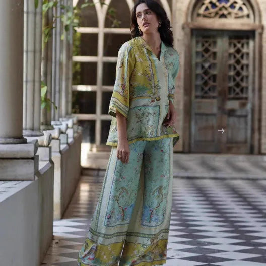 The Portia Printed Pant Lounge Set in blue set | Lavishly Me