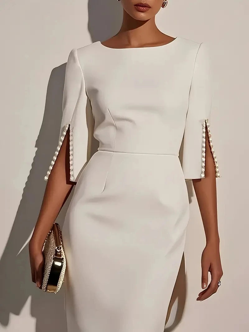 The Lucienne Pearl-Embellished Midi Dress in Pink | Lavishly Me