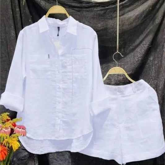 The Whitehaven Linen Shirt Set from the The White Collection at Lavishly Me