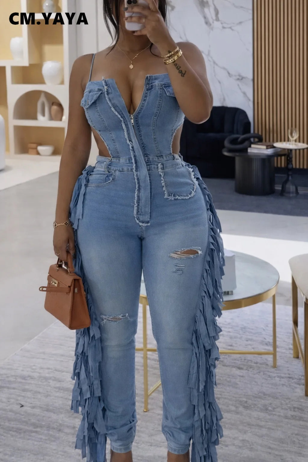 The Corinne Denim Tassel Wide-Leg Jumpsuit