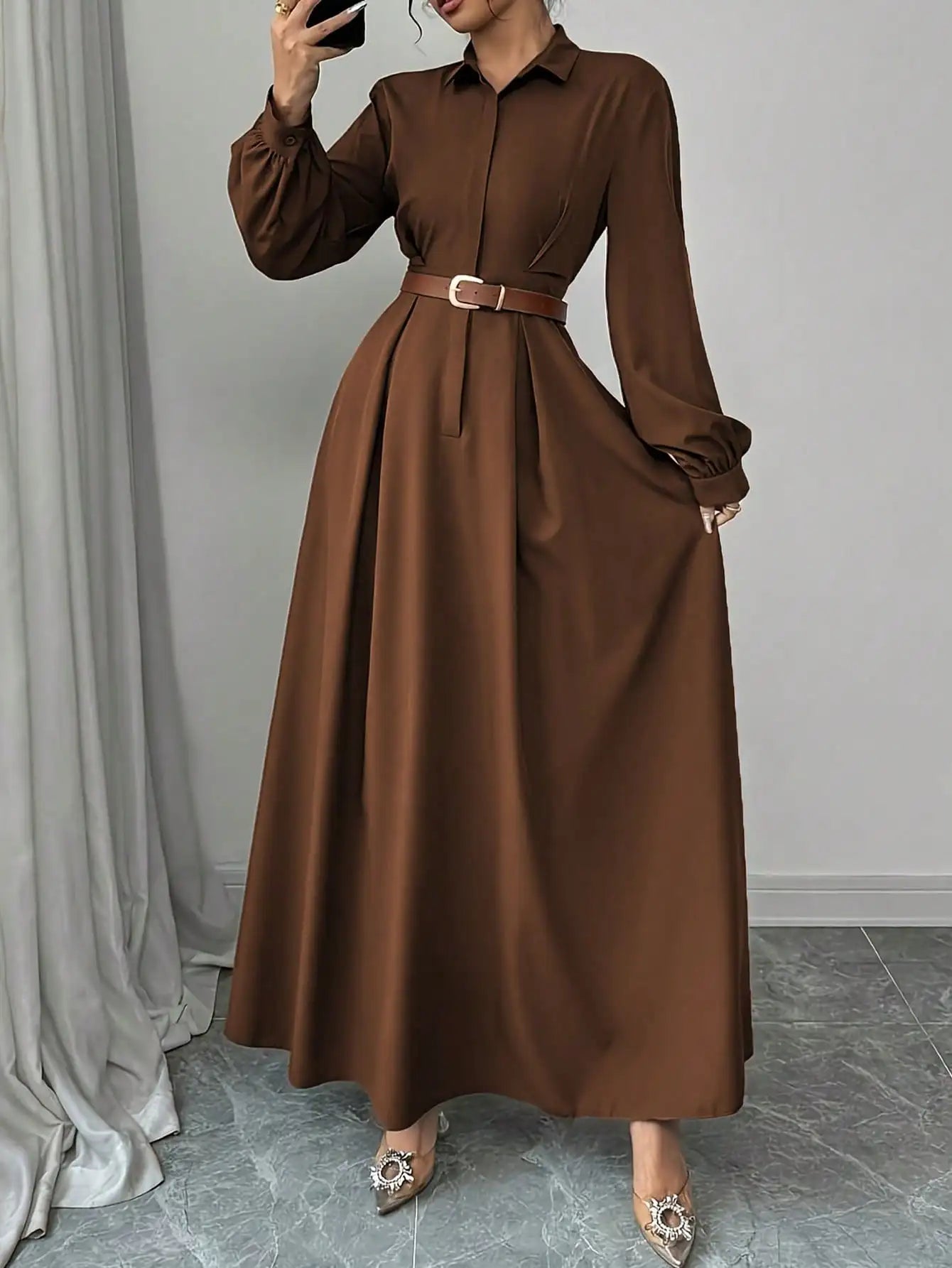 The Xena Collared Side-Slit Maxi Dress in Brown | Lavishly Me