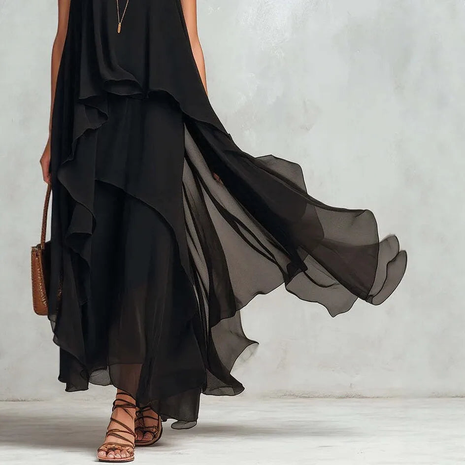 The Uma Asymmetric Chiffon Maxi Dress in black | Lavishly Me