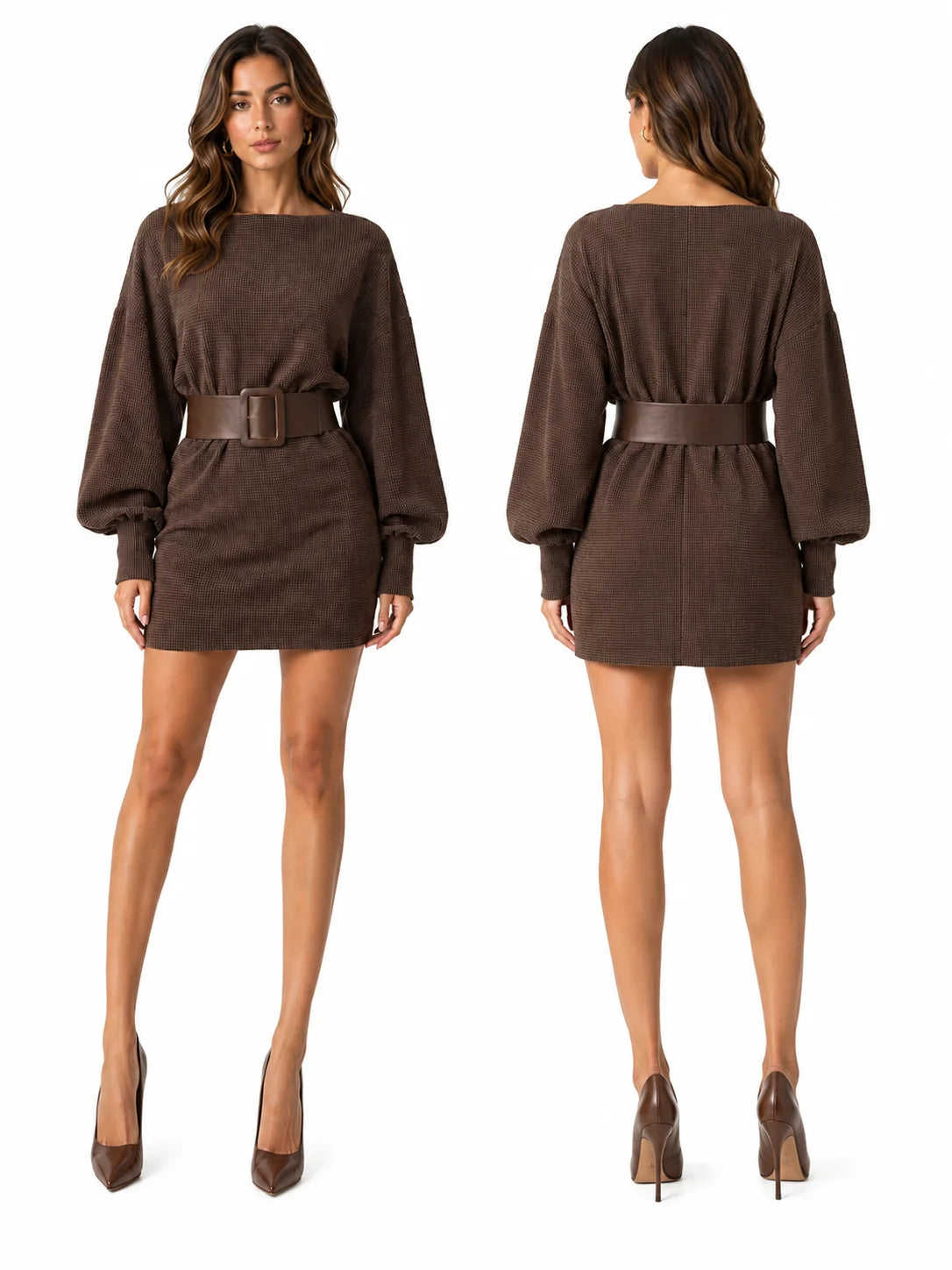 The Marisol Slash Neck Belt Mini Dress