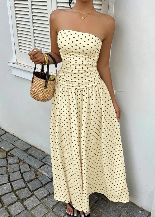The Nadine Polka-Dot Ruffle Maxi Dress in Beige | Lavishly Me