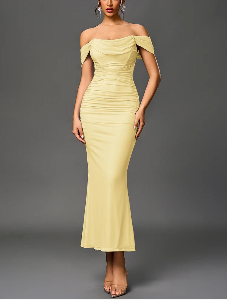 The Amara Ruched Corset Maxi Dress in Gold Floral | Lavishly Me