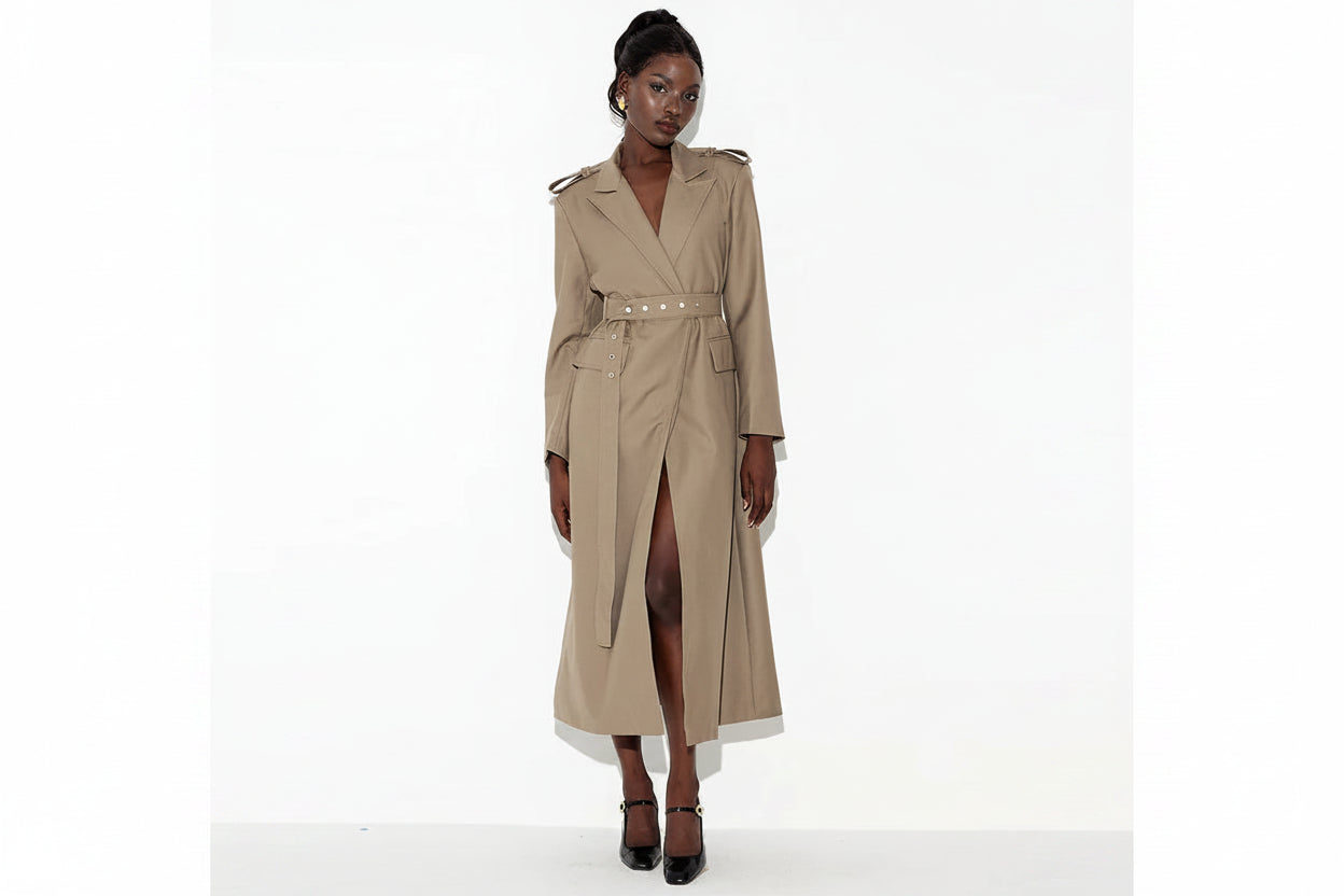 The Delphine Belted Patchwork Trench in KHAKIGRAY | Lavishly Me