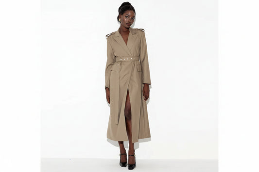 The Delphine Belted Patchwork Trench in KHAKIGRAY | Lavishly Me