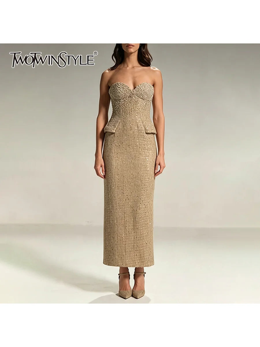 The Maeve Strapless Sequin Midi Dress in GOLD | Lavishly Me