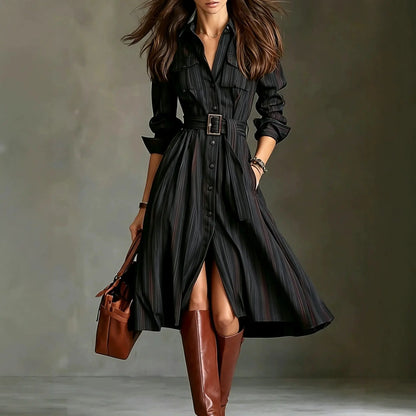 The Savoy Pinstripe Belted Shirt Dress from the Soft & Sophisticated at Lavishly Me