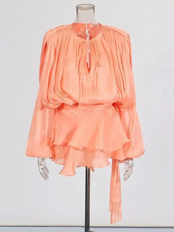 The Elodie Ruched Lantern-Sleeve Mini Dress in LIGHTBLUE | Lavishly Me