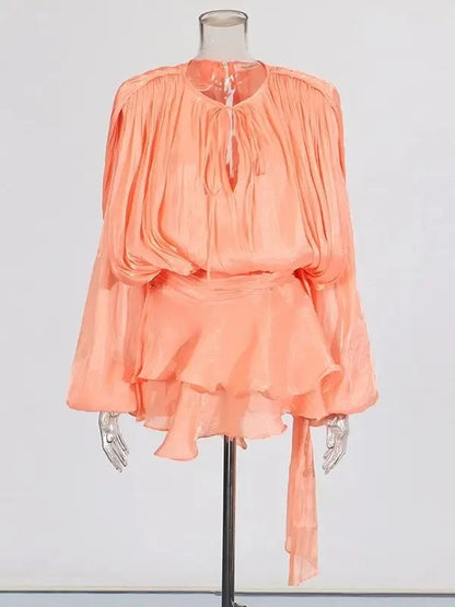 The Elodie Ruched Lantern-Sleeve Mini Dress in LIGHTBLUE | Lavishly Me