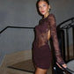The Noelle Lace Illusion Mini Dress in Brown | Lavishly Me