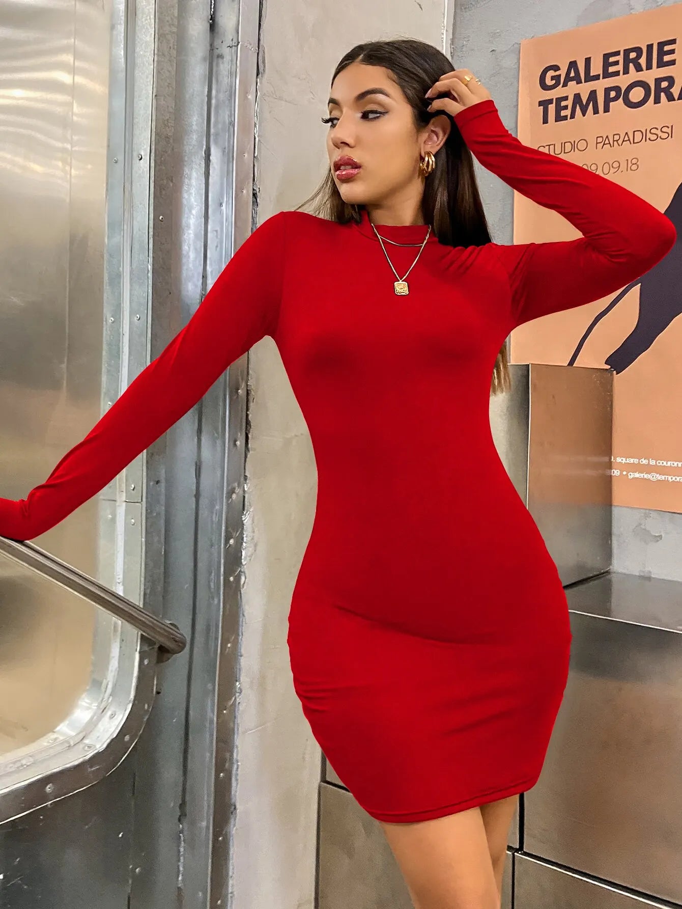 The Monroe Ruched Turtleneck Mini Dress in 1557-khaki | Lavishly Me